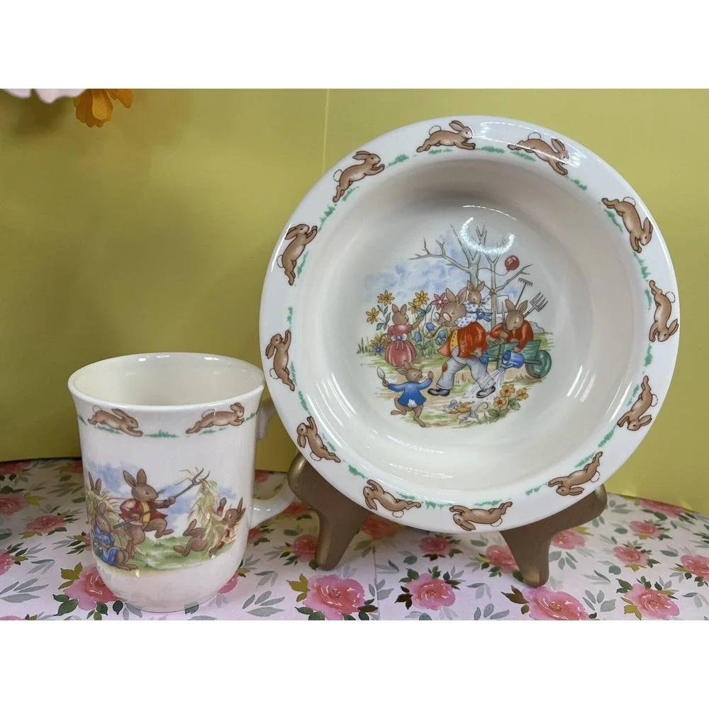 Royal Doulton Bunnykins Fine‎ Bone China Bowl & Mug Set ,1936 Garden Piano Scene
